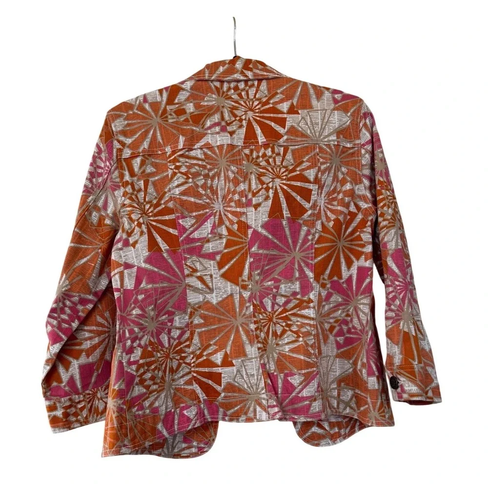 Hearts of Palm Womens Orange Pink‎ Geometric Sunburst Button Up Jacket Size 8